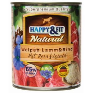 Happy&Fit Natural Dog konzerv junior bárány, marha rizzsel és lenmagolajjal 800g