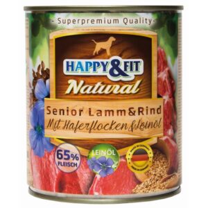 Happy&Fit Natural Dog konzerv senior bárány, marha zabliszttel és lenmagolajjal 800g