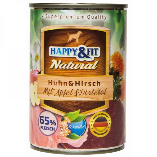 Happy&Fit Natural Dog konzerv csirke, szarvas almával és sáfrányolajjal 400g - Image 2