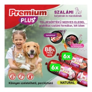 Premium Plus kutya, macska szalámi 88% hús marha,kacsahús+zöldségek 800g 2*6db BOX